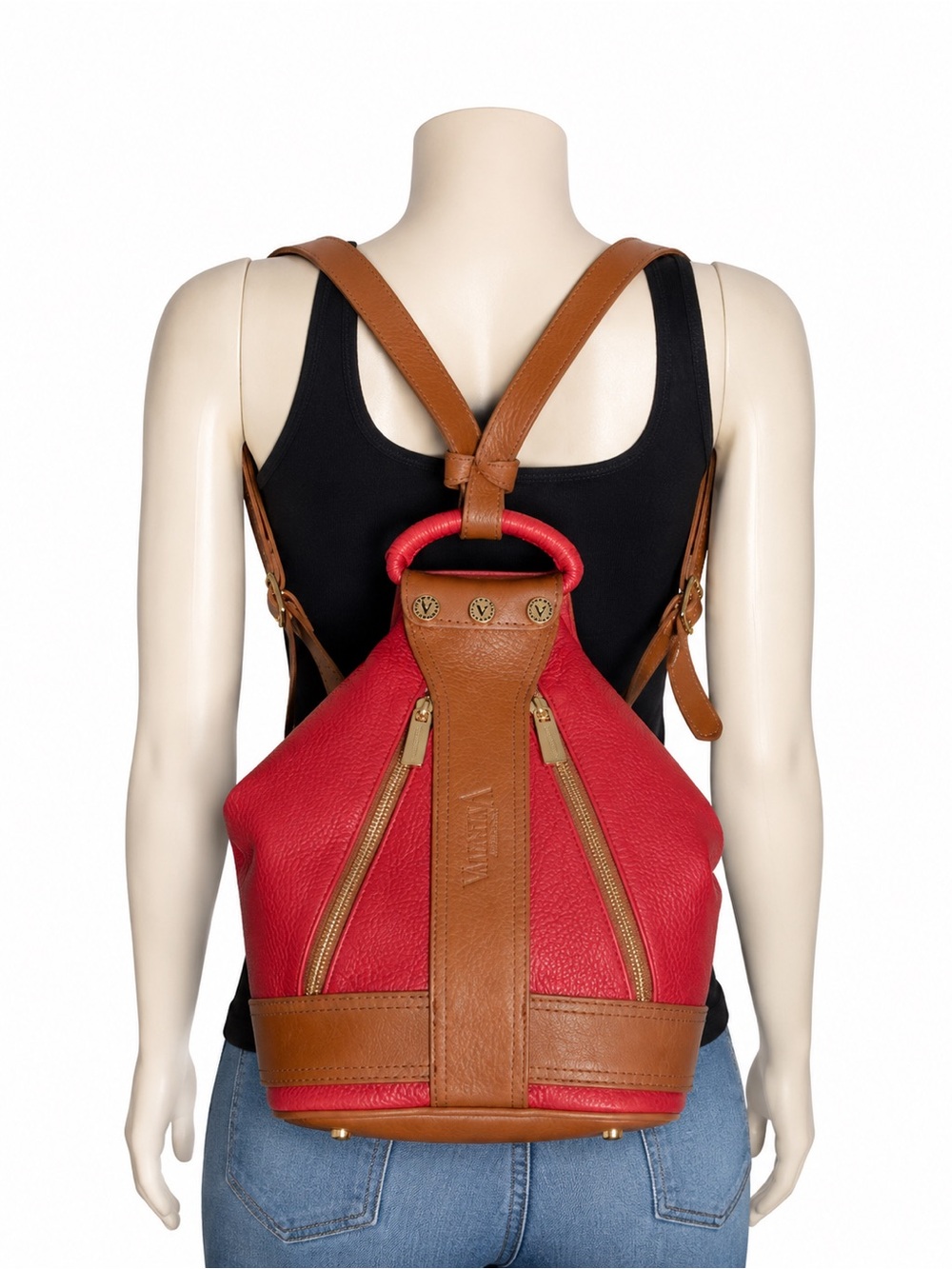 NWT VALENTINA  ITALY RED LEATHER CONVERTIBLE BUCKET TOTE HANDBAG